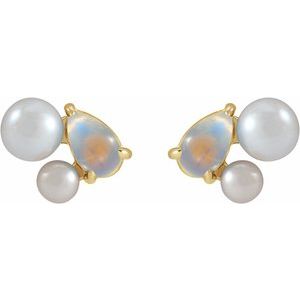 14K Yellow Gold Natural Rainbow Moonstone & Cultured White Akoya Pearl Earrings