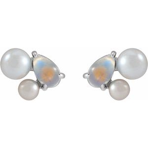 Platinum Natural Rainbow Moonstone & Cultured White Akoya Pearl Earrings – image 3