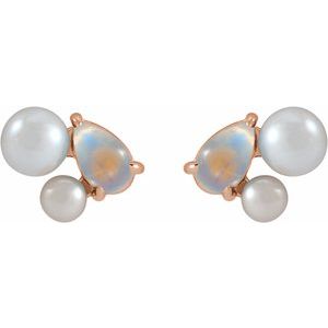 14K Rose Gold Natural Rainbow Moonstone & Cultured White Akoya Pearl Earrings – image 3