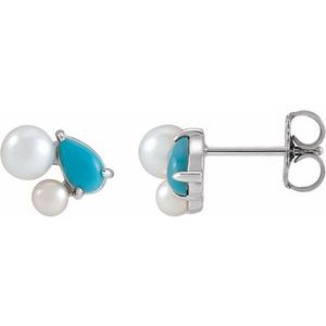 14K White Gold Natural Turquoise & Cultured White Akoya Pearl Earrings