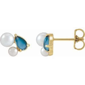 14K Yellow Gold Natural London Blue Topaz & Cultured White Akoya Pearl Earrings – image 2