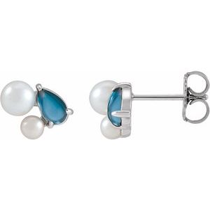 14K White Gold Natural London Blue Topaz & Cultured White Akoya Pearl Earrings