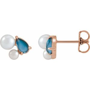 14K Rose Gold Natural London Blue Topaz & Cultured White Akoya Pearl Earrings