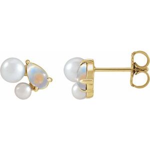 14K Yellow Gold Natural Rainbow Moonstone & Cultured White Akoya Pearl Earrings – image 2