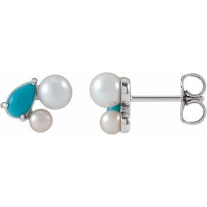Sterling Silver Natural Turquoise & Cultured White Akoya Pearl Earrings – image 2