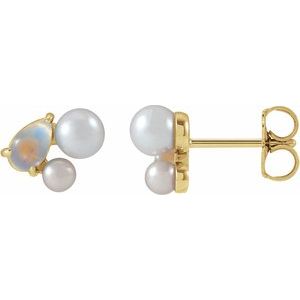 14K Yellow Gold Natural Rainbow Moonstone & Cultured White Akoya Pearl Earrings