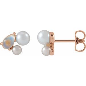 14K Rose Gold Natural Rainbow Moonstone & Cultured White Akoya Pearl Earrings – image 2