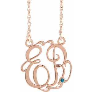 14K Rose Gold 15 mm 2-Initials Imitation Blue Zircon Script Monogram 18" Necklace