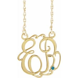 10K Yellow Gold 15 mm 2-Initials Imitation Blue Zircon Script Monogram 18" Necklace