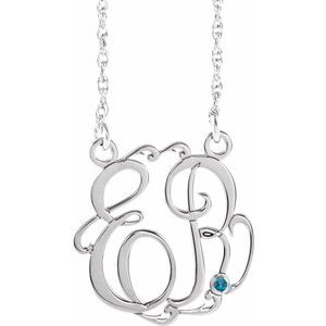 Rhodium-Plated Sterling Silver 15 mm 2-Initials Imitation Blue Zircon Script Monogram 18" Necklace