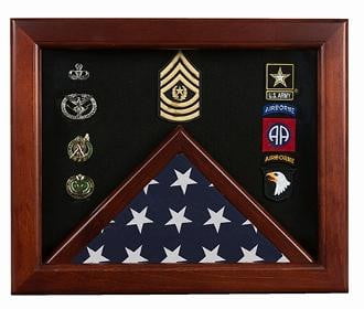 Military Flag medal display case, Mahogany wood for 3x5 flag with 125 in. glass panel & Felt backing