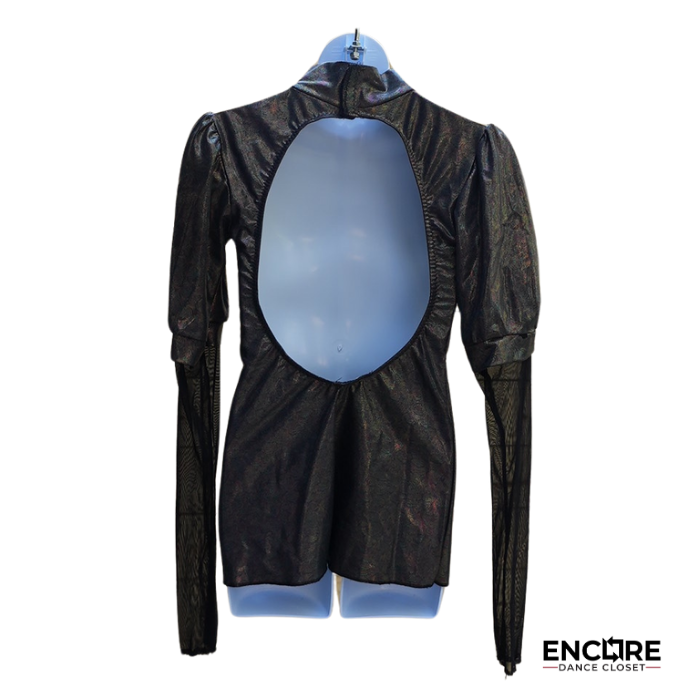 Shiny Mock Neck Puffer Sleeve Top with Mesh Detail