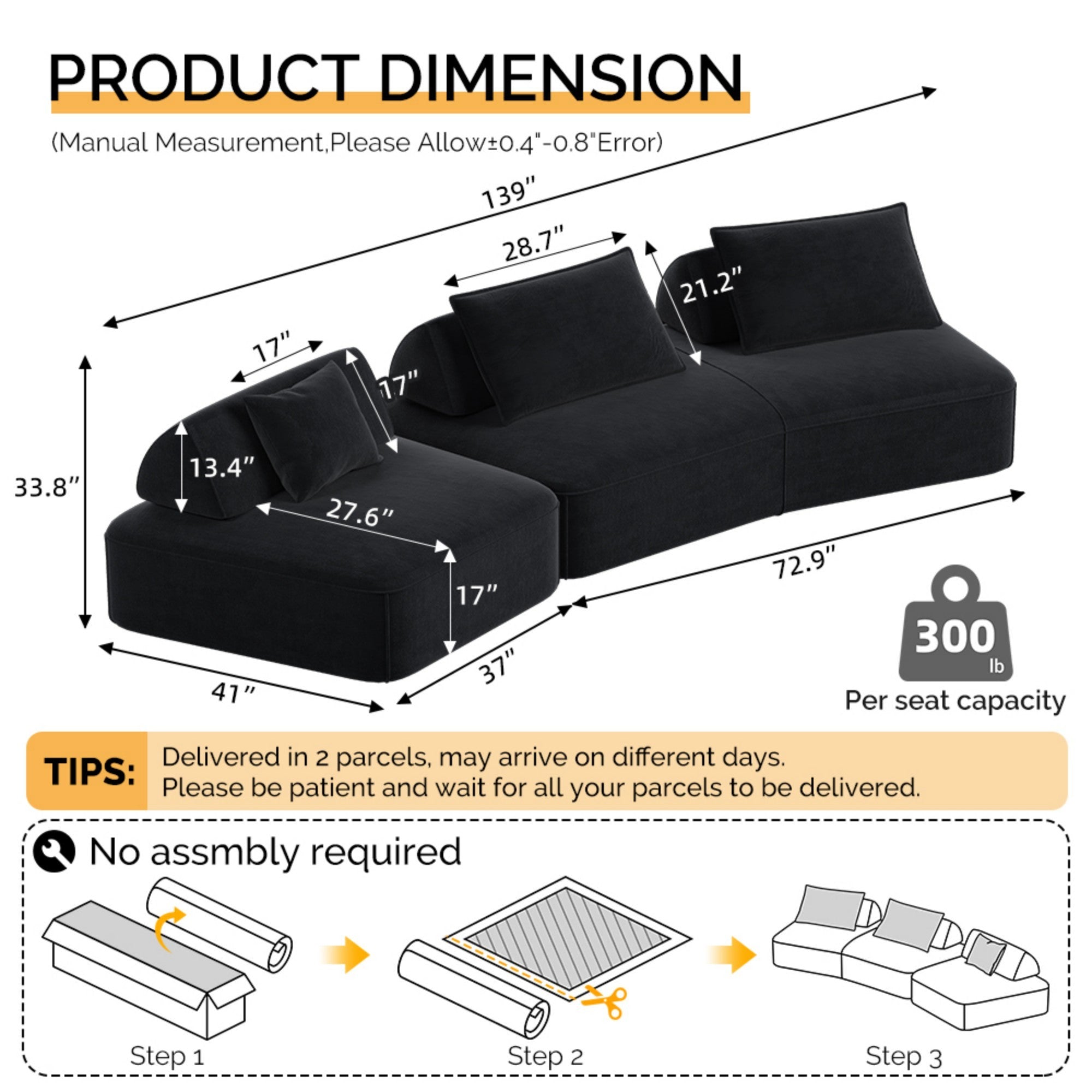 139' Modern Light Luxury Oversized Modular Sectional Sofa Set,DIY Upholstered Fluffy Chenille Sofa with Removable Backrests and Soft Pillows,Deep Seat Couch & Sofa Bed for Living Room,Office,Dark Grey