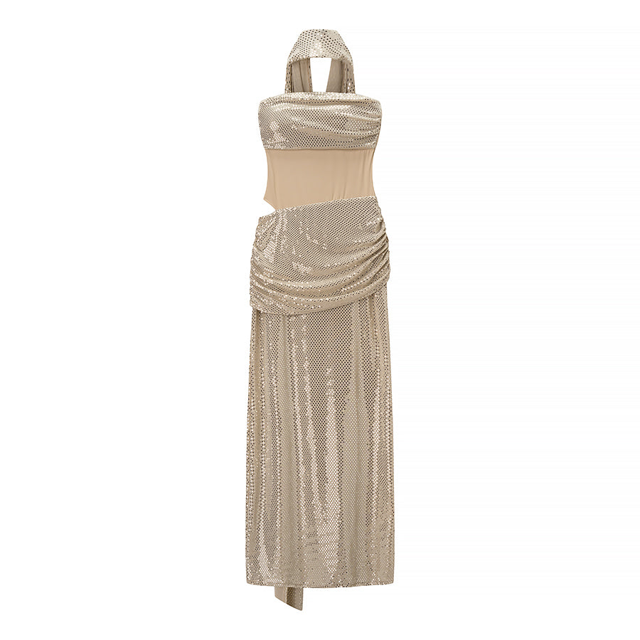 Autumn Entry Lux Sequined Ribbon Sleeveless Tube Top Cocktail Dress