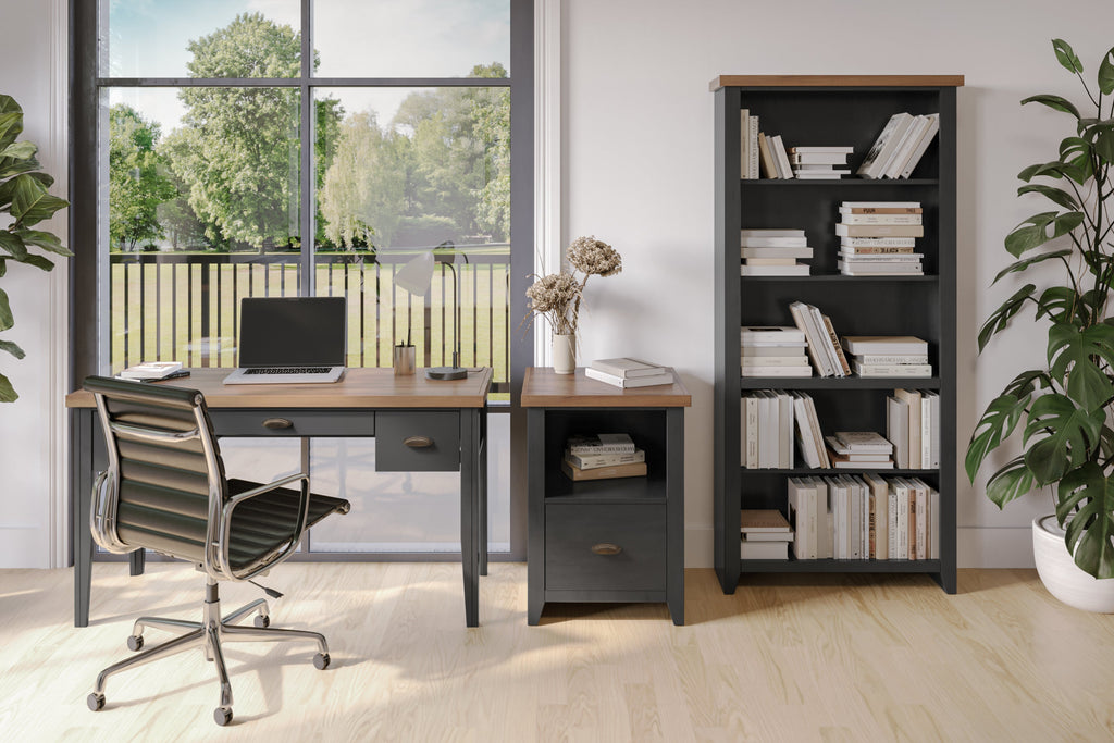 53 inch Writing Desk, No Assembly Required, Black and Whiskey Finish