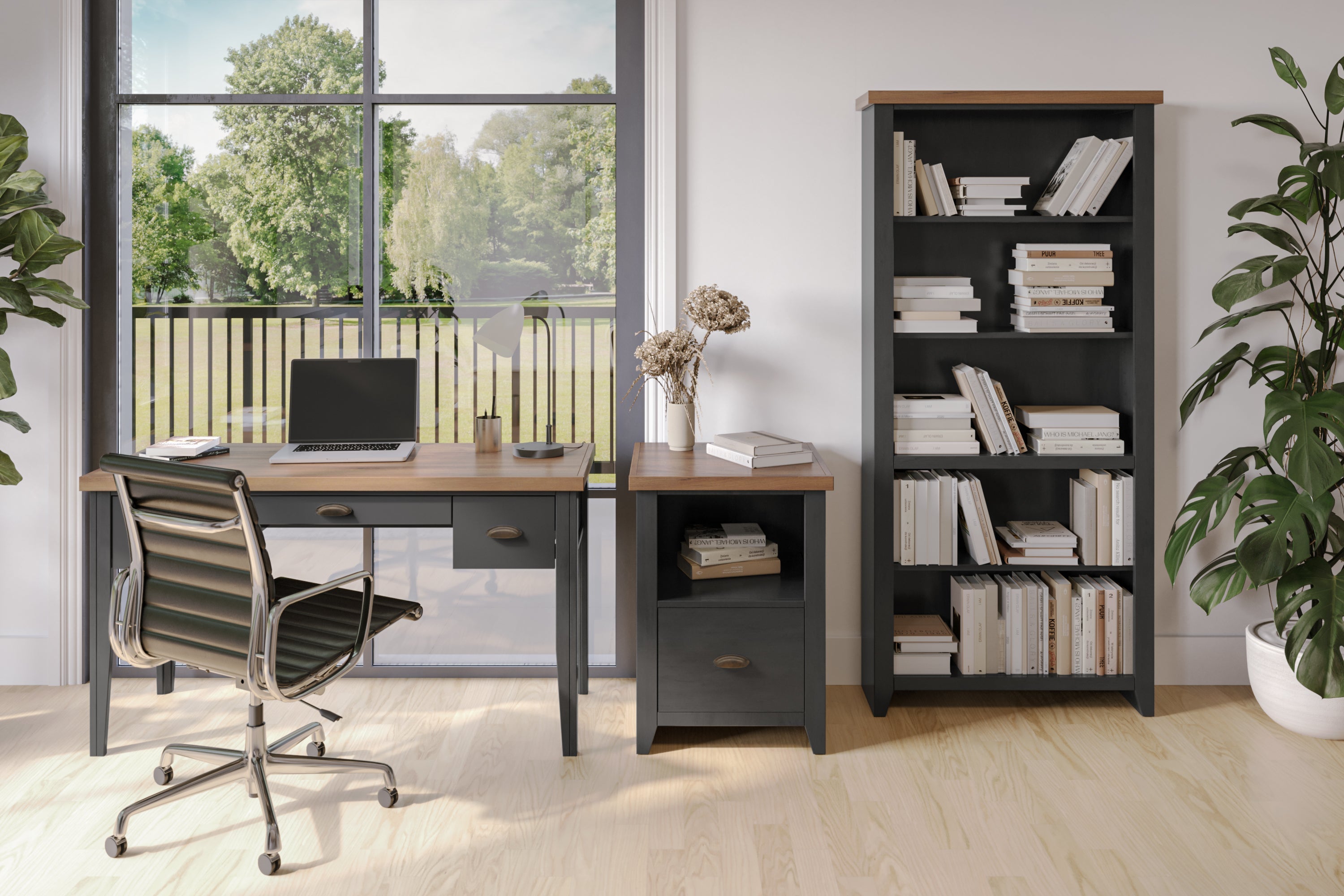 53 inch Writing Desk, No Assembly Required, Black and Whiskey Finish