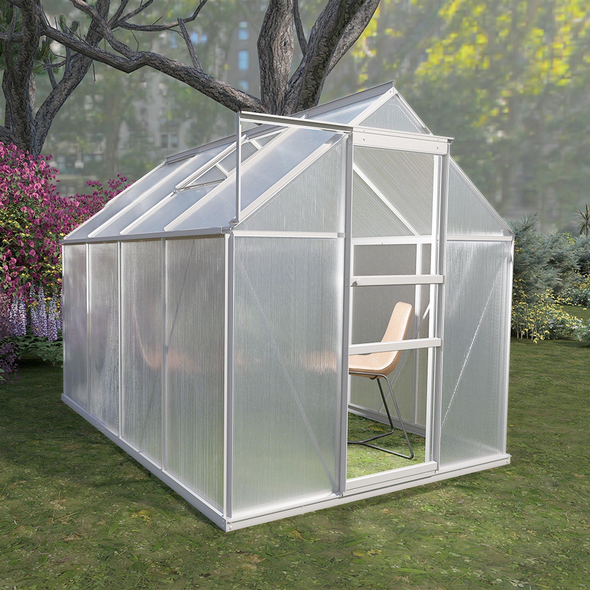 Walk-In Polycarbonate house & Roof Vent, Sliding Doors, Aluminum Hobby Hot House For Outdoor