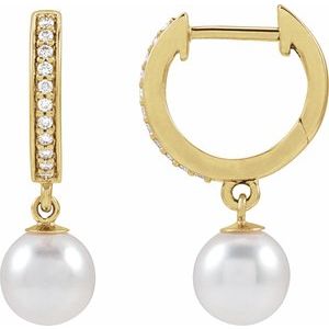 14K Yellow Gold Cultured White Freshwater Pearl & 1/10 CTW Natural Diamond Hoop Earrings