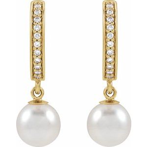14K Yellow Gold Cultured White Freshwater Pearl & 1/10 CTW Natural Diamond Hoop Earrings – image 2