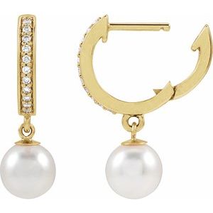 14K Yellow Gold Cultured White Freshwater Pearl & 1/10 CTW Natural Diamond Hoop Earrings – image 3