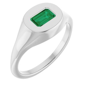14K White Gold Lab-Grown Emerald Signet Ring