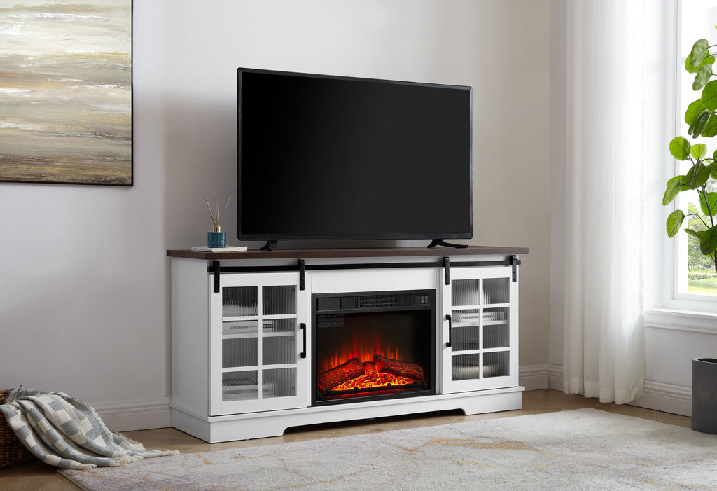 Multipurpose Sliding Door TV Cabinet Large Storage Cabinet with 2 Sliding Glass Doors, TV Storage Rack with 23' Fireplace TV Cabinet, WHITE+BROWN, 59.13'W*15.94'D*27.8'H