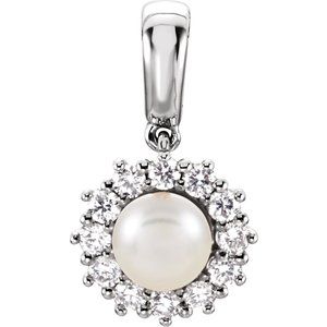 14K White Gold Cultured White Freshwater Pearl & 1/3 CTW Natural Diamond Pendant