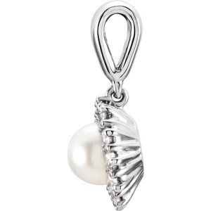 14K White Gold Cultured White Freshwater Pearl & 1/3 CTW Natural Diamond Pendant