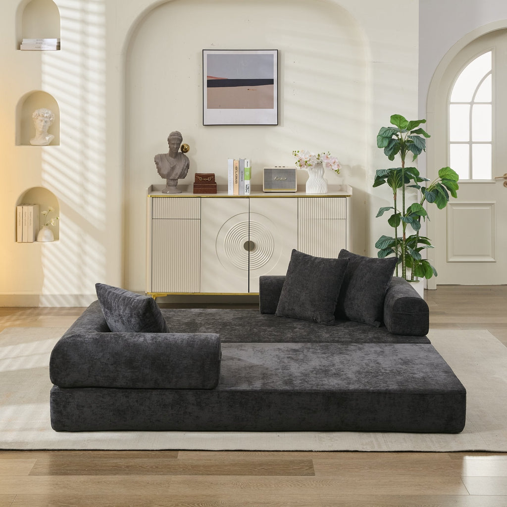 Comfy Convertible Folding Mattress Couch, Floor Sofa Bed, Chenille Floor Sofa with Armrest, Floor Sofa Lounge Couch for Living Room Bedroom Lounge Studio-Black