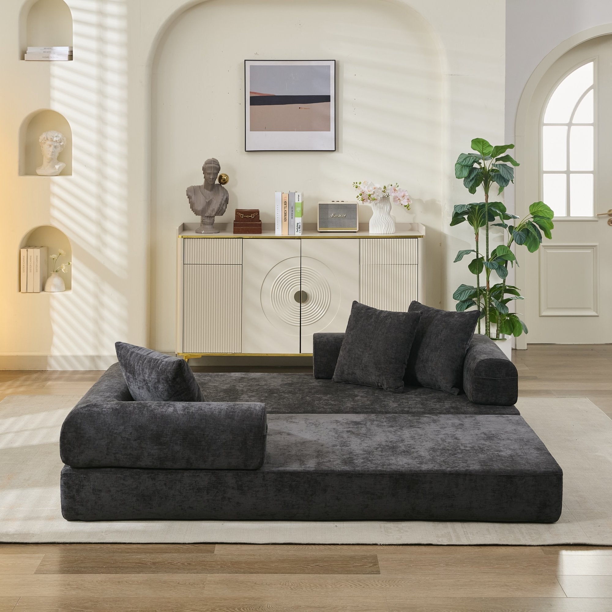 Comfy Convertible Folding Mattress Couch, Floor Sofa Bed, Chenille Floor Sofa with Armrest, Floor Sofa Lounge Couch for Living Room Bedroom Lounge Studio-Black