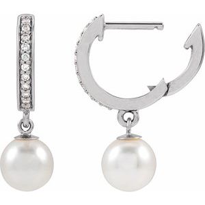 14K White Gold Cultured White Freshwater Pearl & 1/10 CTW Natural Diamond Hoop Earrings – image 3