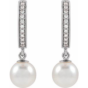 14K White Gold Cultured White Freshwater Pearl & 1/10 CTW Natural Diamond Hoop Earrings – image 2