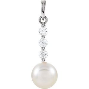 14K White Gold Cultured White Freshwater Pearl & 1/4 CTW Natural Diamond Pendant