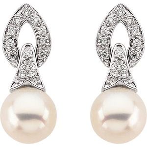 14K White Cultured White Freshwater Pearl & 1/6 CTW Natural Diamond Earrings