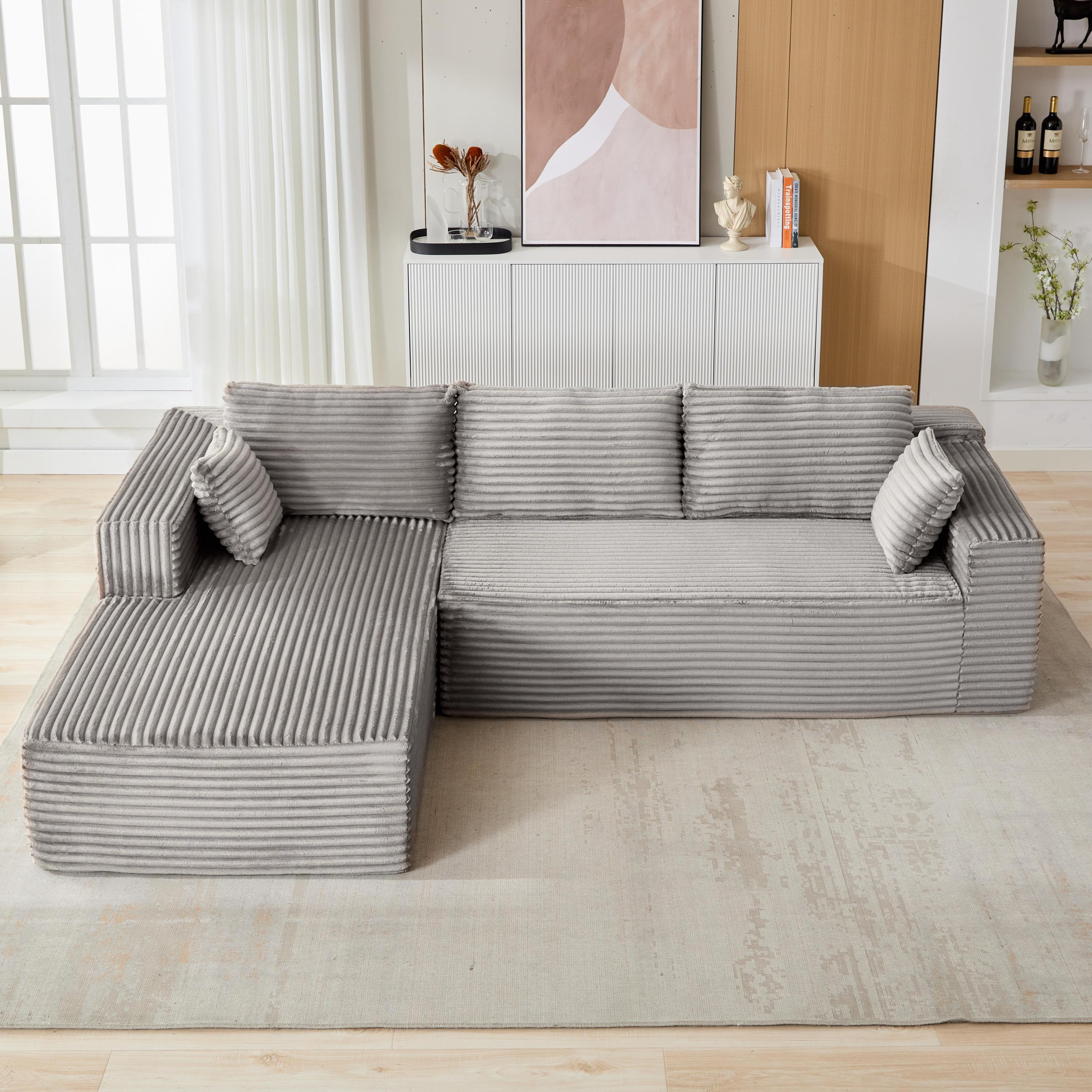 Compression Sectional Couch with Comfy Chaise, Boneless L Shape Sofa with Deep Seat, Minimalist Modular Couches Sleeper for Living Room Bedroom Apartment Lounge,corduroy,Grey