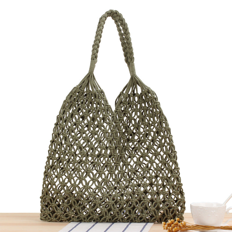 Solid Color One Shoulder Woven Bag Trendy Women Mori Straw Bag Degrees Handmade Cotton String Net Pocket Beach Bag