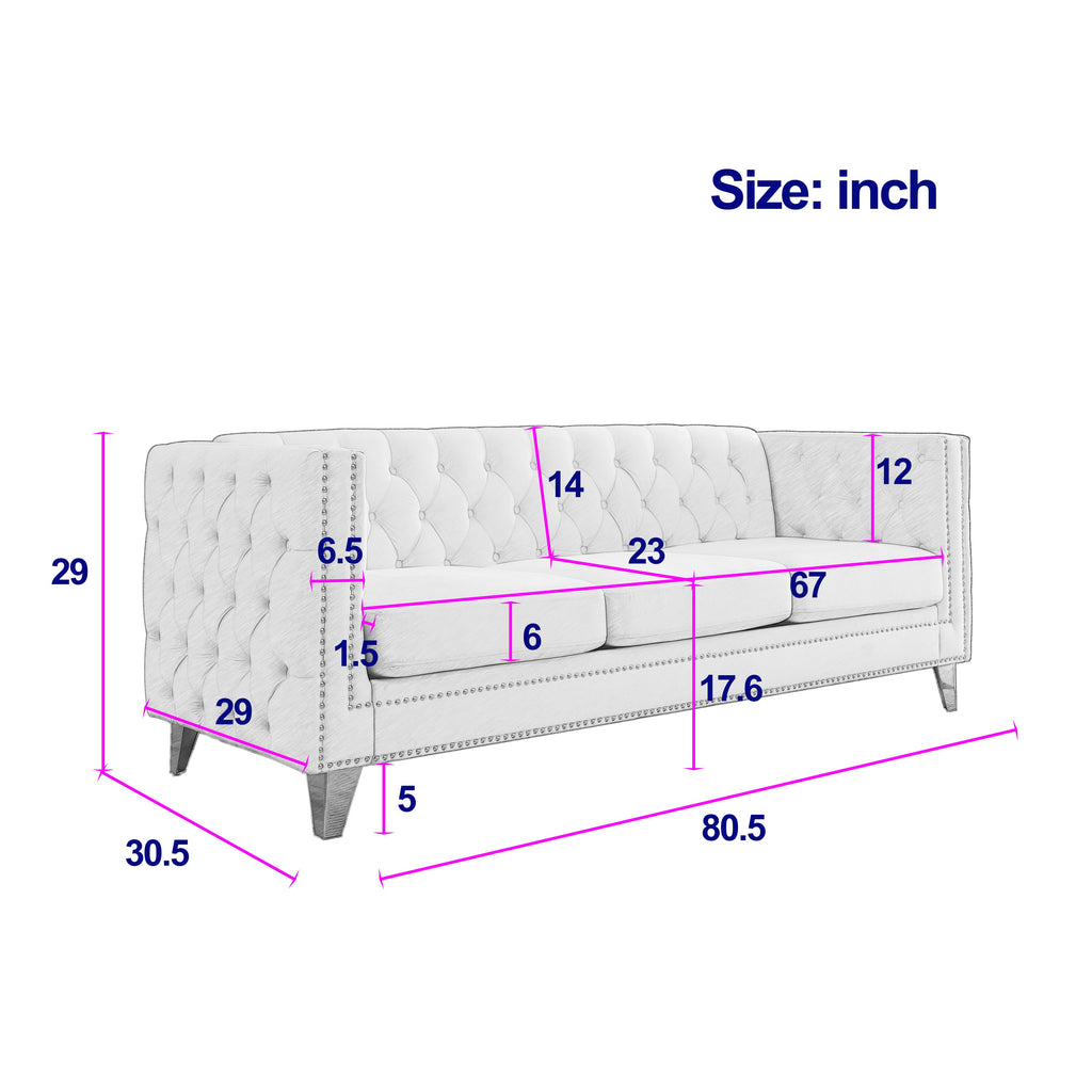 {Contact us for 3D modeling}  Velvet Sofa for Living Room,Buttons Tufted Square Arm Couch, Modern Couch Upholstered Button and Metal Legs, Sofa Couch for Bedroom, Grey Velvet(W834S00020)