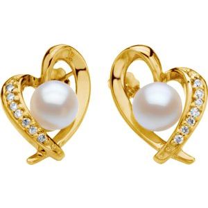 14K Yellow Gold Cultured White Akoya Pearl & 1/6 CTW Natual Diamond Heart Earrings