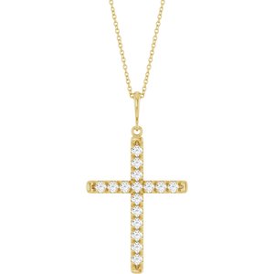 14K Yellow Gold 3/4 CTW Lab-Grown Diamond French-Set Cross 16-18" Necklace