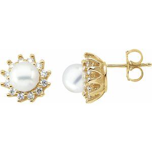 14K Yellow Gold Cultured White Akoya Pearl  & 1/3 CTW Natural Diamond Earrings