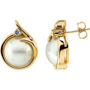 14K Yellow Gold Cultured White Mabé Pearl & 1/8 CTW Natural Diamond Earrings