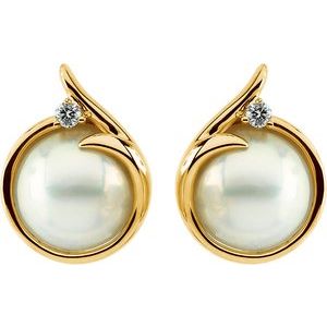 14K Yellow Gold Cultured White Mabé Pearl & 1/8 CTW Natural Diamond Earrings