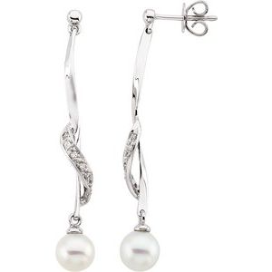 14K White Cultured White Freshwater Pearl & .07 CTW Natural Diamond Earrings