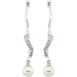 14K White Cultured White Freshwater Pearl & .07 CTW Natural Diamond Earrings