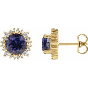 14K Yellow Gold 6 mm Natural Iolite & 1/5 CTW Natural Diamond Halo-Style Earrings