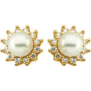 14K Yellow Gold Cultured White Akoya Pearl  & 1/3 CTW Natural Diamond Earrings