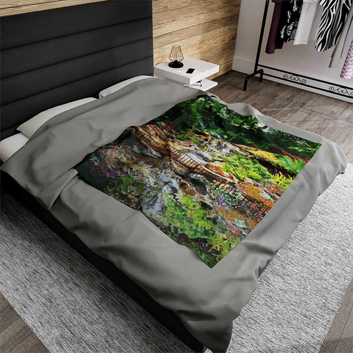 Tropical Waterfall with Reflection Velveteen Plush Blanket