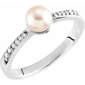 14K White Gold Cultured White Freshwater Pearl & .06 CTW Natural Diamond Ring