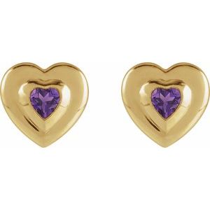 14K Yellow Gold 4 mm Heart Natural Amethyst Stud Earrings
