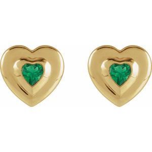 14K Yellow Gold 4 mm Heart Lab-Grown Emerald Stud Earrings